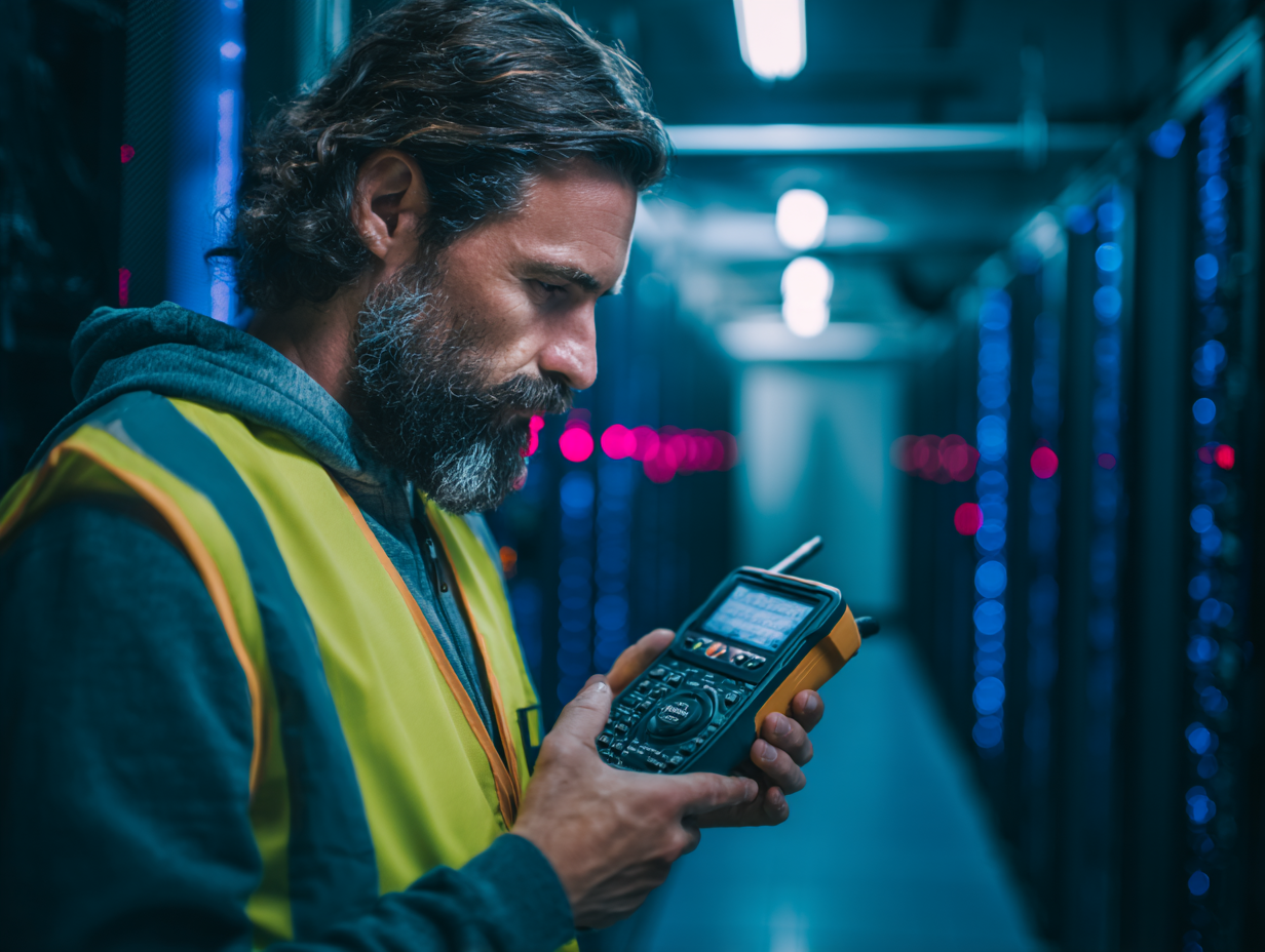 Acoustic engineer measuring sound levels with a professional meter in a data center